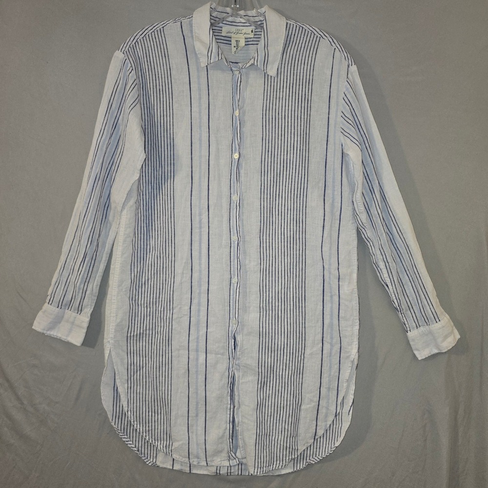 L.O.G.G. Striped Linen Blend Tunic Shirt Size 2 Womens White Blue Long Sleeve